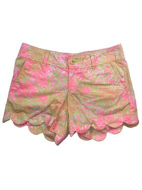 Lilly Pulitzer Buttercup Shorts Scalloped Hem Floral Print Size 0 Pink & Green